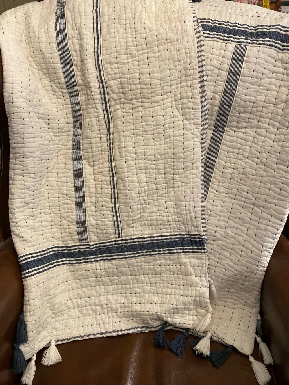 Pottery Barn Pick Stitch Navy White King Pillow Shams - Set of 2
